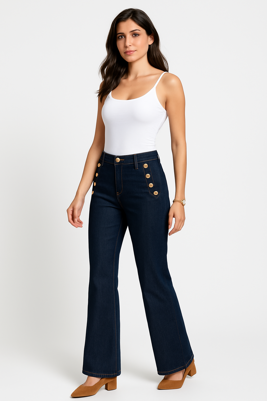 Golden Button Detailed, Wide Leg Stretchy Denim Jeans