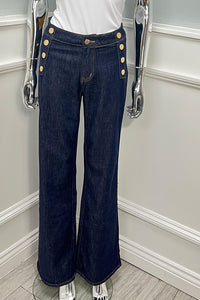 Golden Button Detailed, Wide Leg Stretchy Denim Jeans