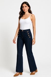 Golden Button Detailed, Wide Leg Stretchy Denim Jeans
