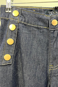 Golden Button Detailed, Wide Leg Stretchy Denim Jeans