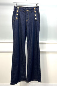 Golden Button Detailed, Wide Leg Stretchy Denim Jeans