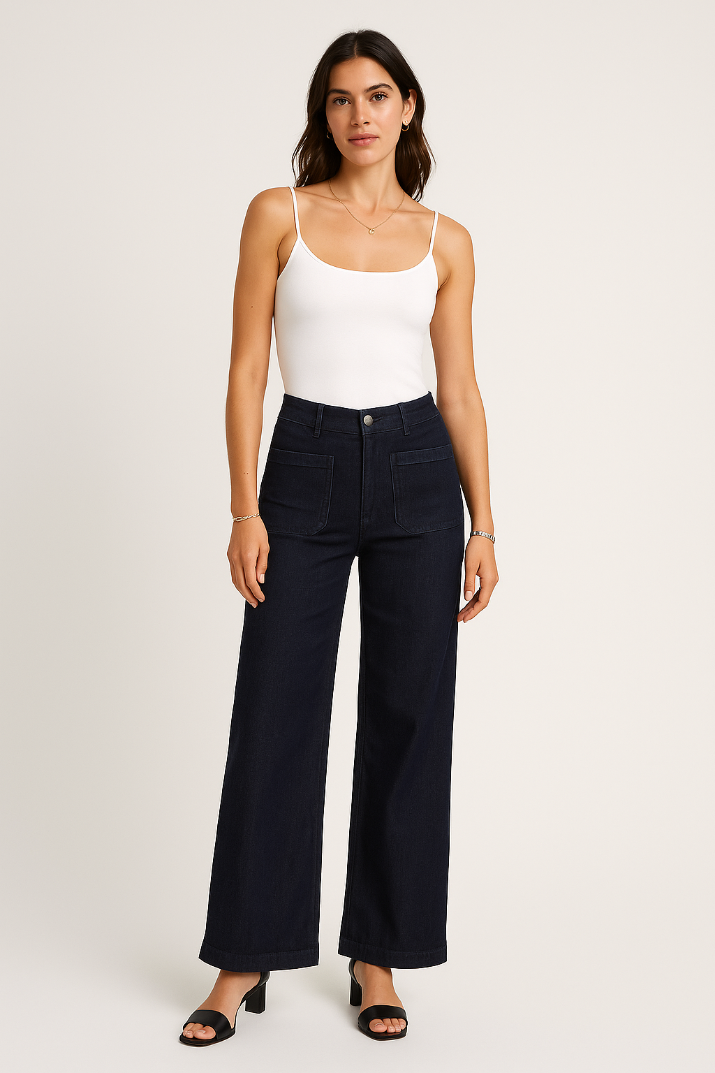 Refined minimalism — high-rise dark denim with front pockets and a sleek wide-leg silhouette