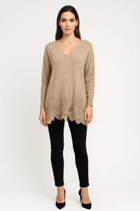 Lace Hem V-Neck Oversized Knit Jumper