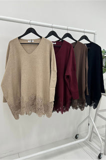 Lace Hem V-Neck Oversized Knit Jumper