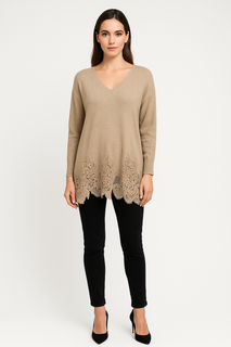 Lace Hem V-Neck Oversized Knit Jumper