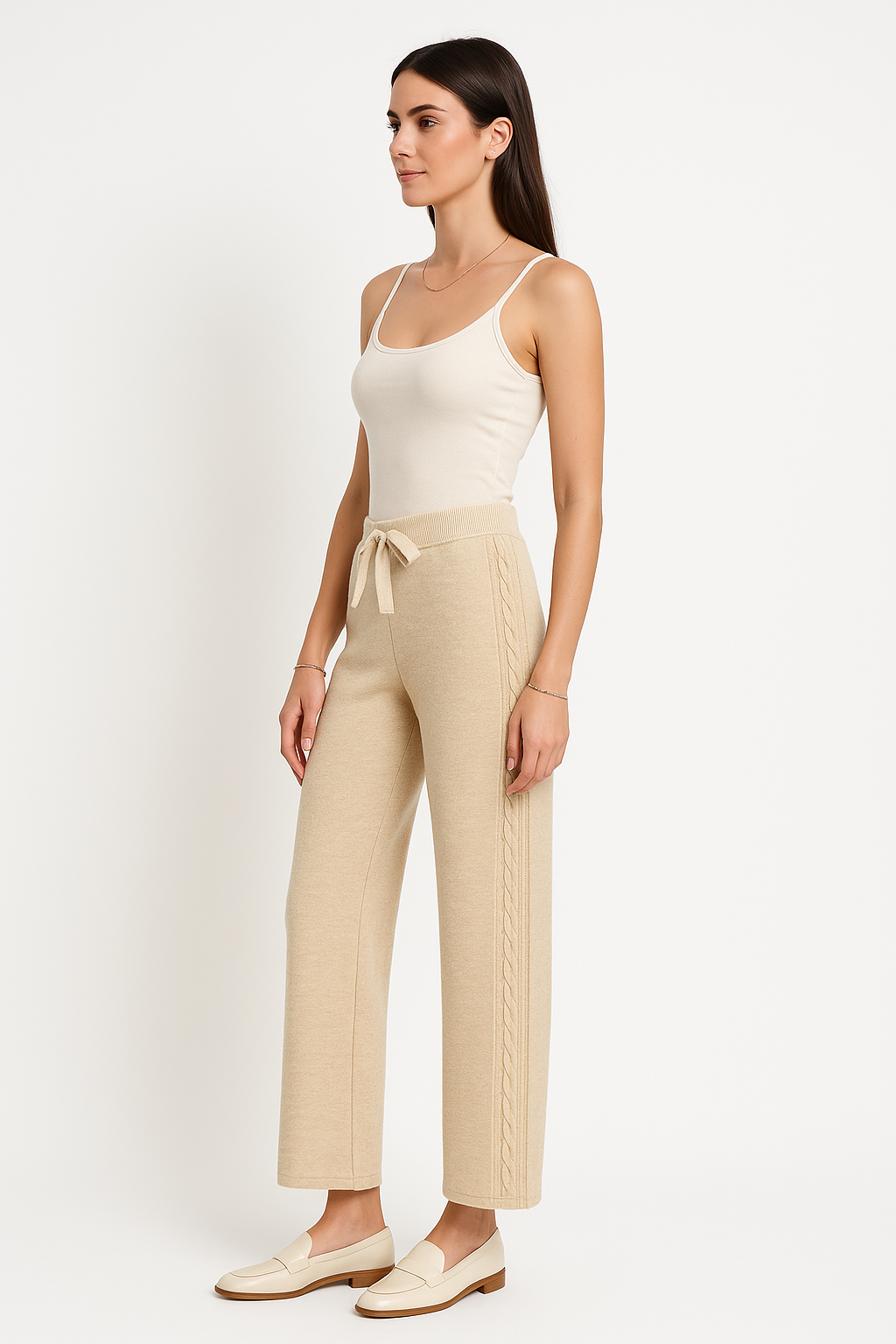 Elasticated Waist, Drawstring & Cable Knit Detailed, Acrylic & Nylon Knitted Wide Leg Trousers