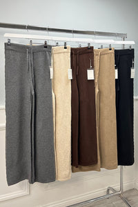 Elasticated Waist, Drawstring & Cable Knit Detailed, Acrylic & Nylon Knitted Wide Leg Trousers