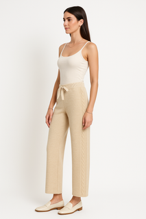 Elasticated Waist, Drawstring & Cable Knit Detailed, Acrylic & Nylon Knitted Wide Leg Trousers