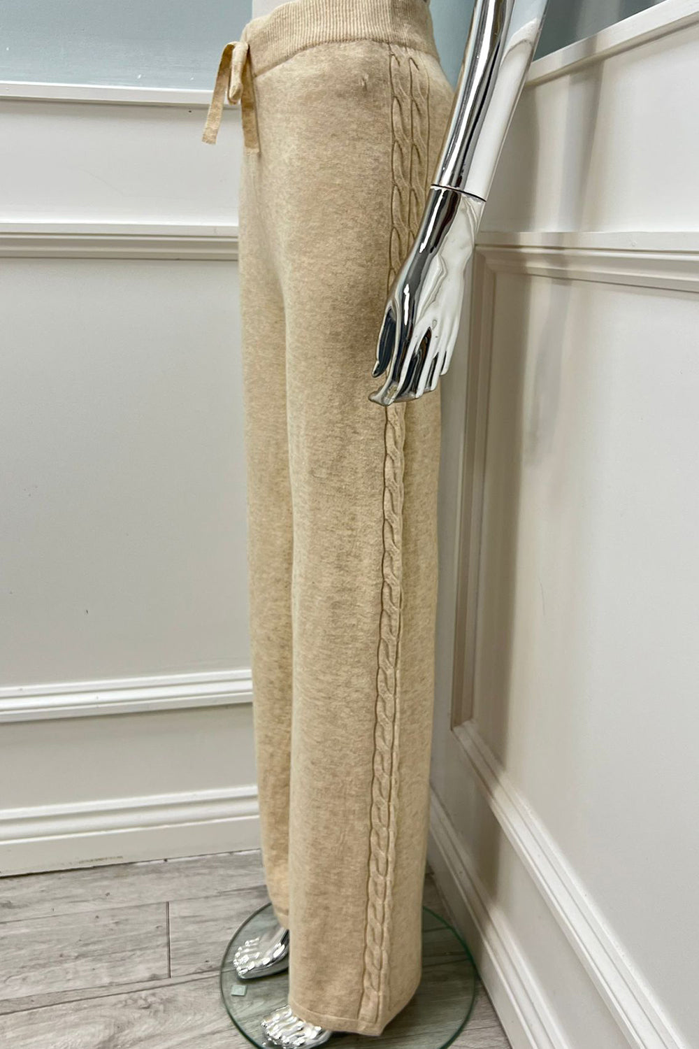 Elasticated Waist, Drawstring & Cable Knit Detailed, Acrylic & Nylon Knitted Wide Leg Trousers