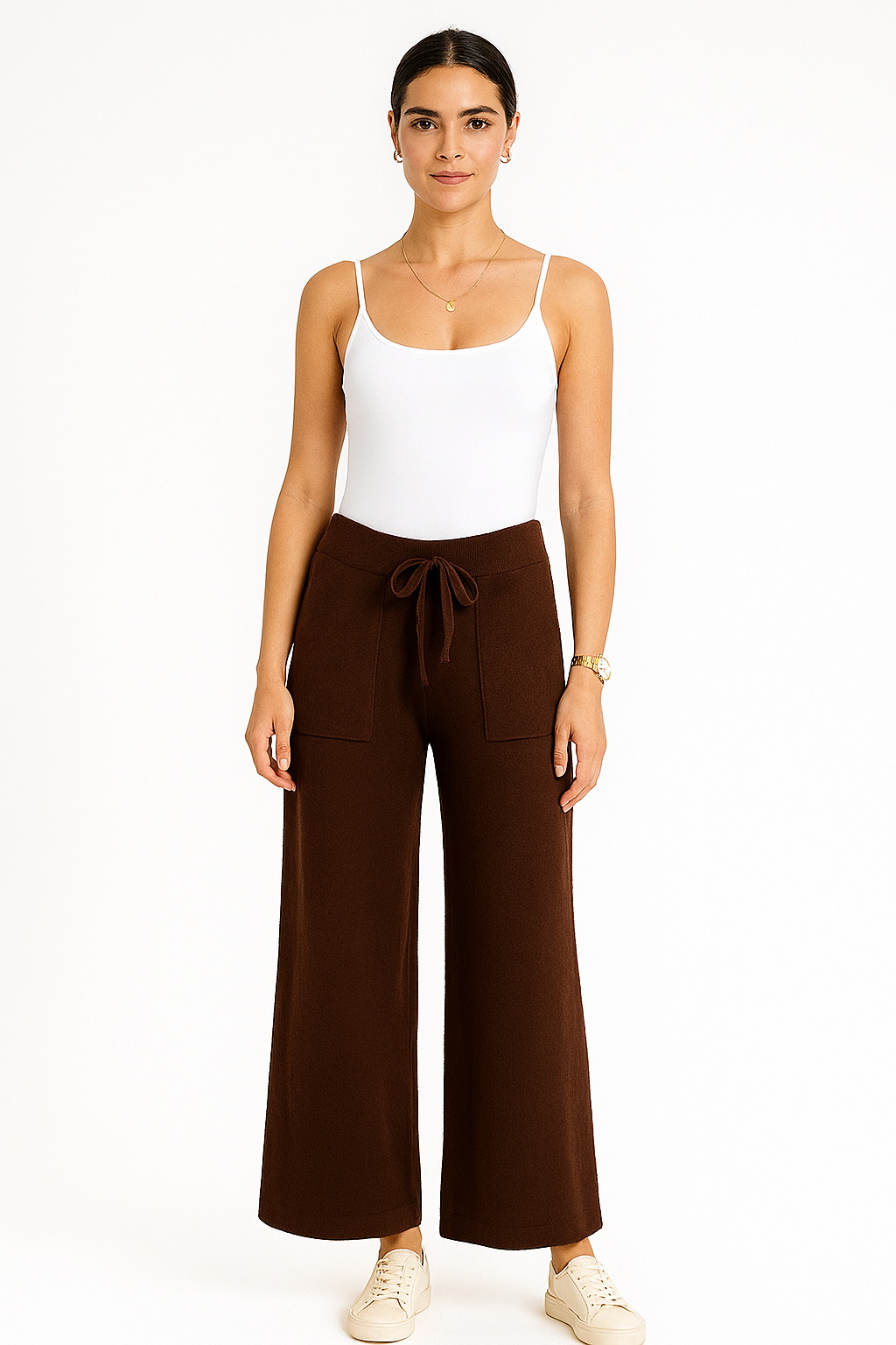 Elasticated Waist, Drawstring Detailed, Acrylic & Nylon Knitted Wide Leg Trousers