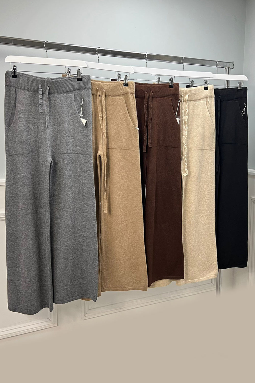 Elasticated Waist, Drawstring Detailed, Acrylic & Nylon Knitted Wide Leg Trousers