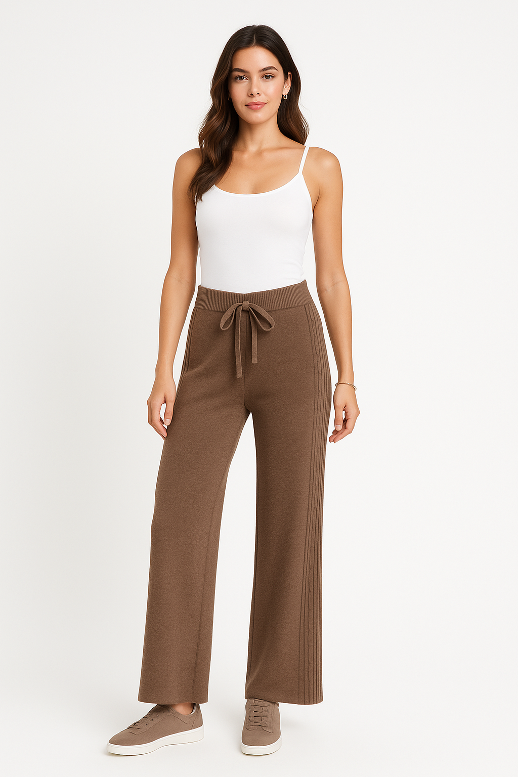 high-waisted, wide-leg knitted trouser with an adjustable drawstring tie at the front