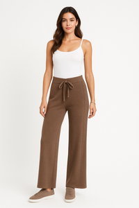high-waisted, wide-leg knitted trouser with an adjustable drawstring tie at the front