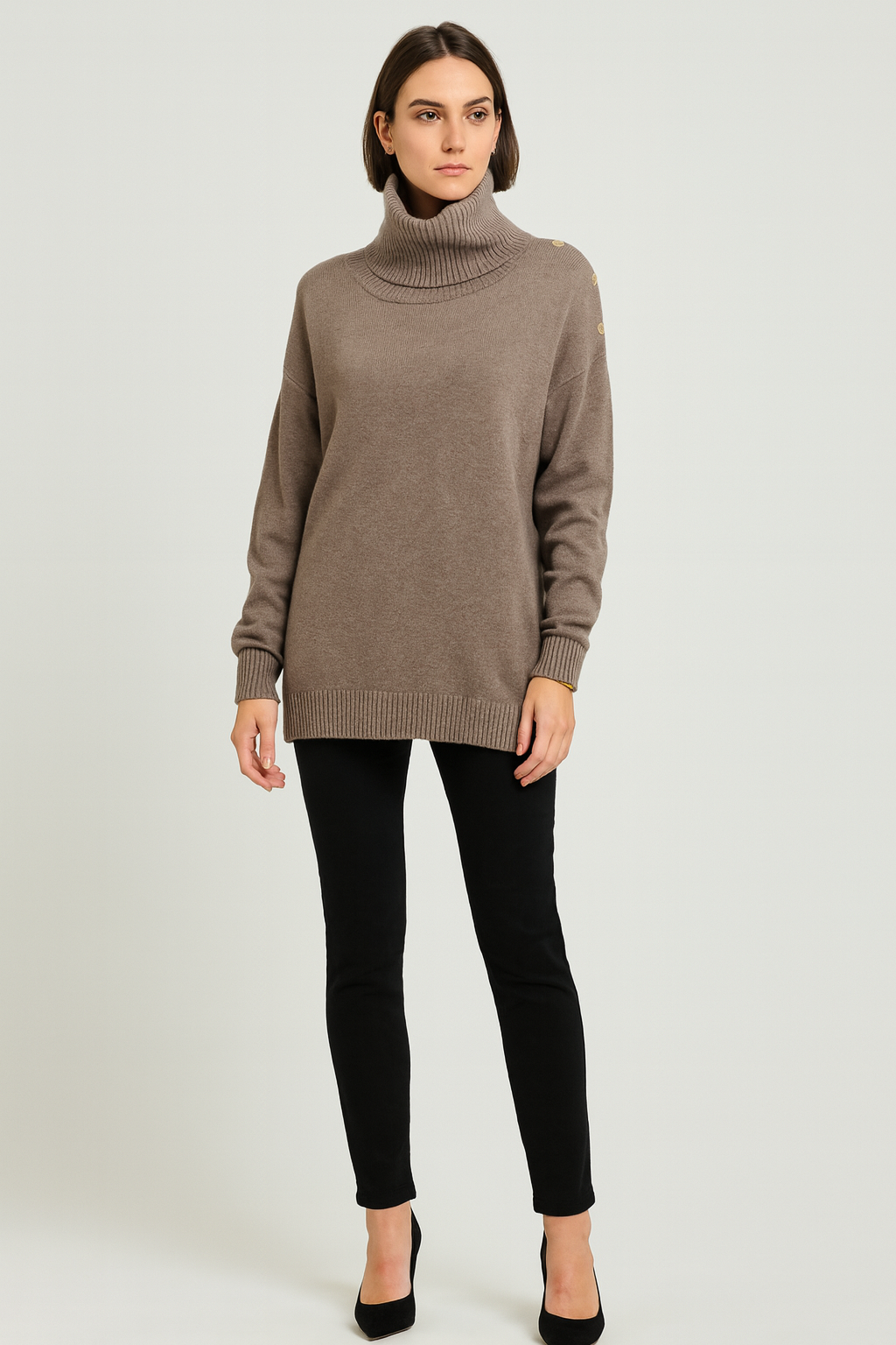 Relaxed fit , wide ribbed high neck jumper with Button detail