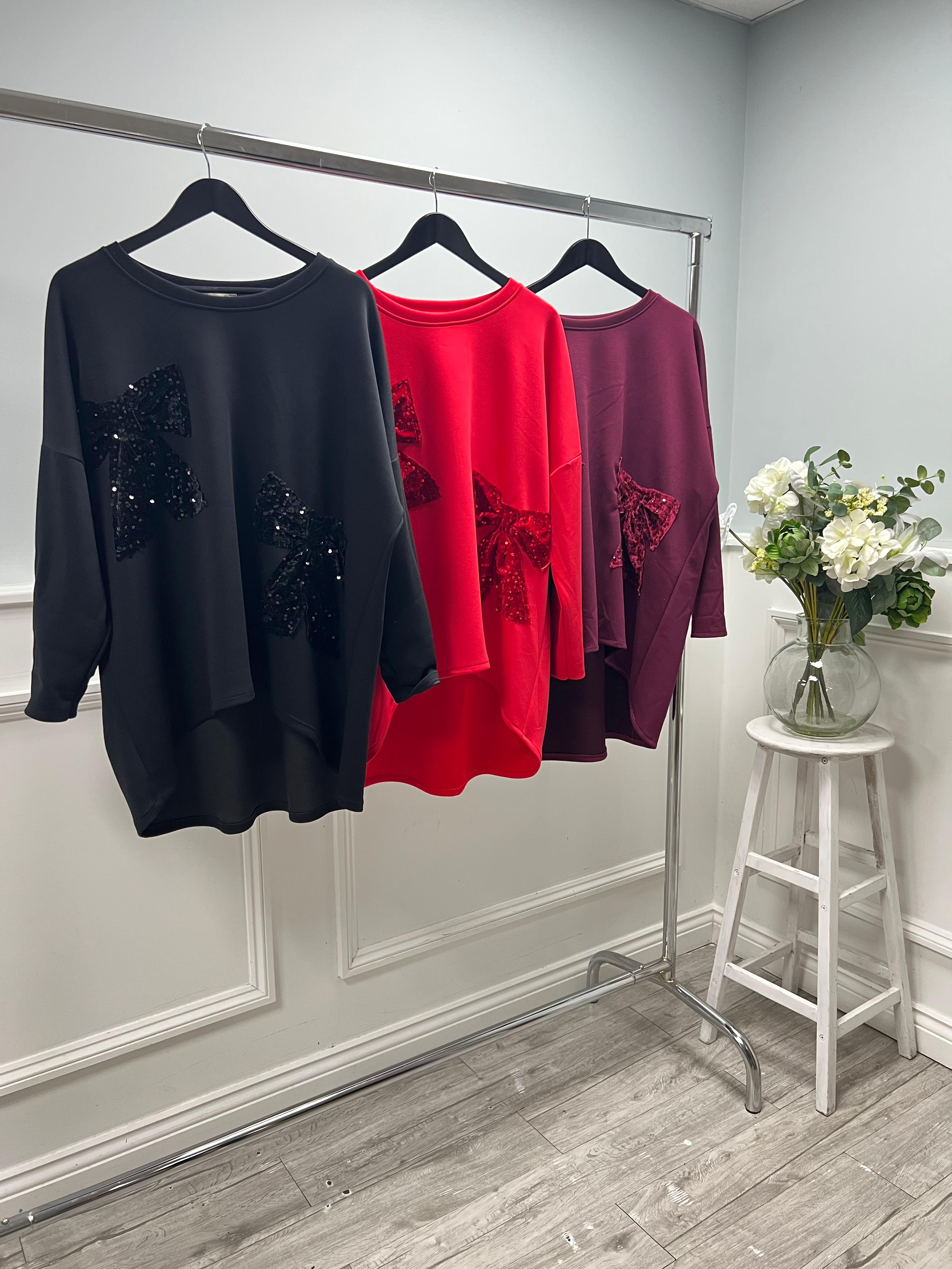 Round Neck, Sequin & Velour Bow Detailed, Oversized Scuba Top