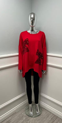 Round Neck, Sequin & Velour Bow Detailed, Oversized Scuba Top