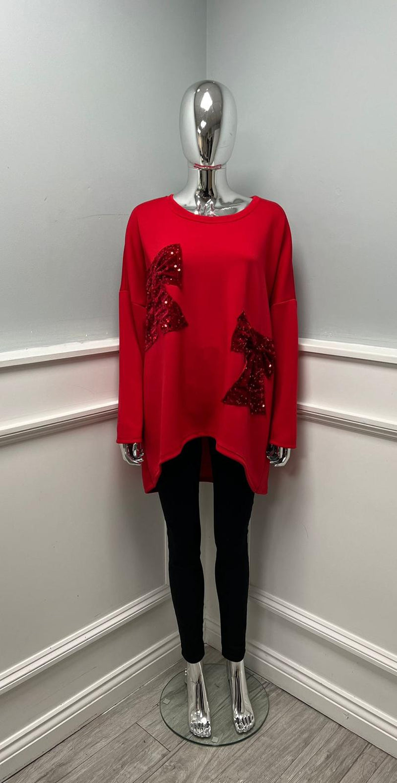 Round Neck, Sequin & Velour Bow Detailed, Oversized Scuba Top