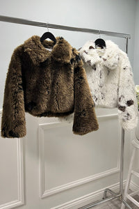 Cropped faux fur animal-print-inspired jacket