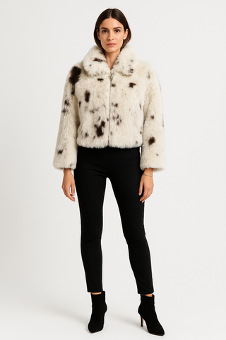 Cropped faux fur animal-print-inspired jacket