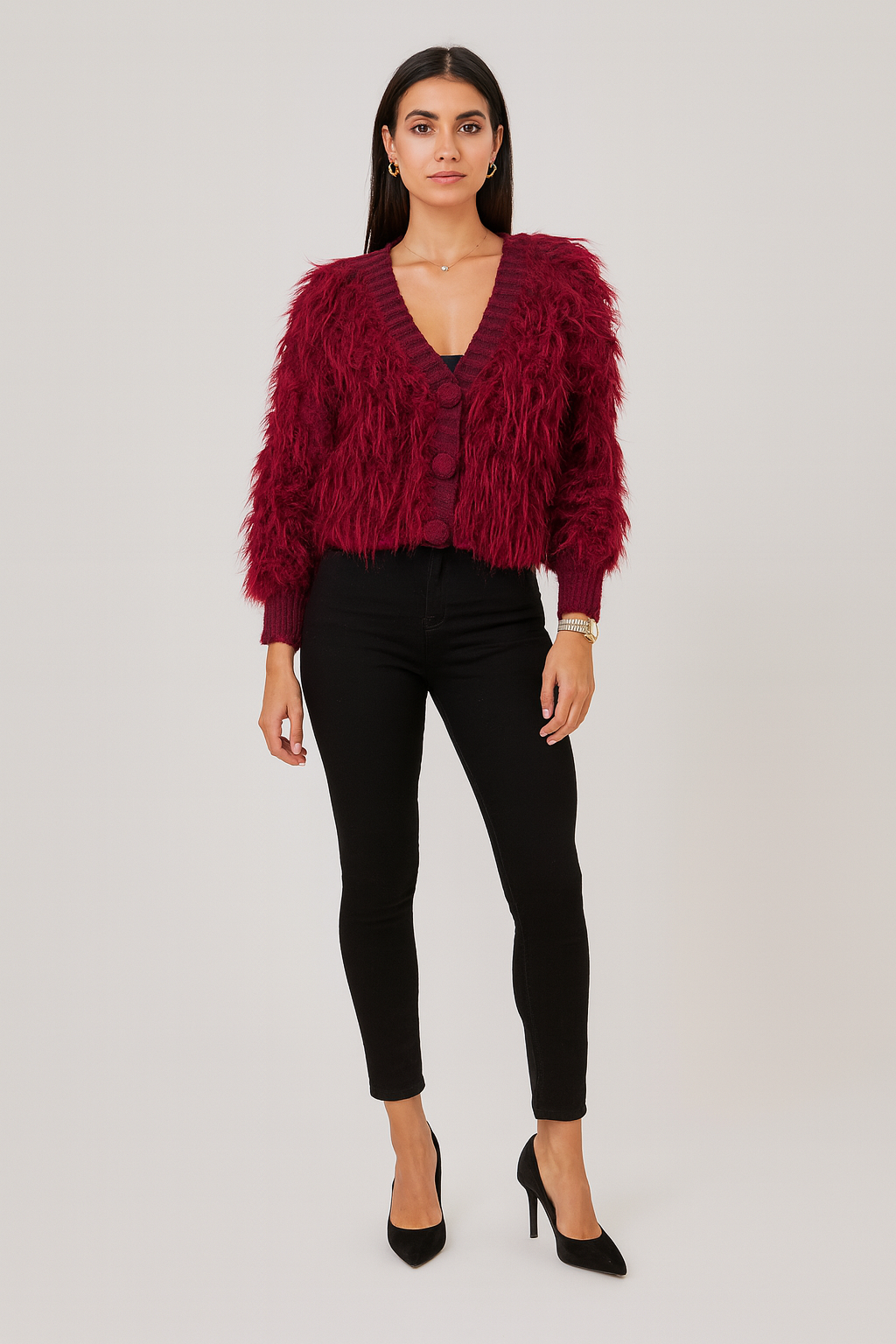 fuzzy finish cardigan with voluminous, curly & fluffy, statement-making look