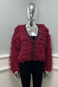 fuzzy finish cardigan with voluminous, curly & fluffy, statement-making look