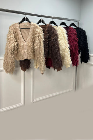 fuzzy finish cardigan with voluminous, curly & fluffy, statement-making look