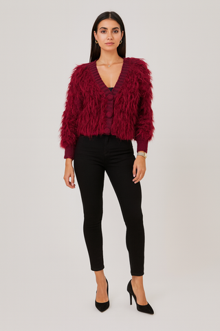 fuzzy finish cardigan with voluminous, curly & fluffy, statement-making look