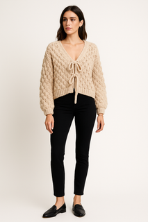 Cable-knit cardigan with tie-front detail and balloon sleeves