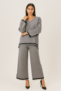 V-neck, long-sleeved Co Ords with striped detailing at the hem and cuffs.