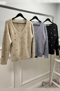V-neck , Relaxed fit jumper with embellished with small, gold-toned sequins