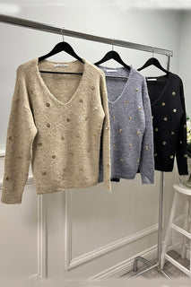 V-neck , Relaxed fit jumper with embellished with small, gold-toned sequins