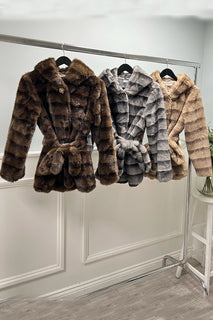 Striped faux fur coat — plush texture, waist-tie finish
