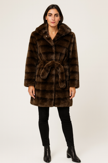 Striped faux fur coat — plush texture, waist-tie finish
