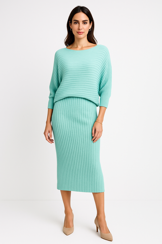 Round Neck Batwing, V Front & Back, Side Split, Ribbed Two Piece Set