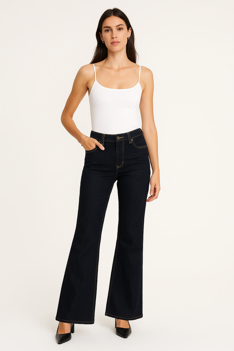 high-rise dark denim flared jeans with contrast stitching