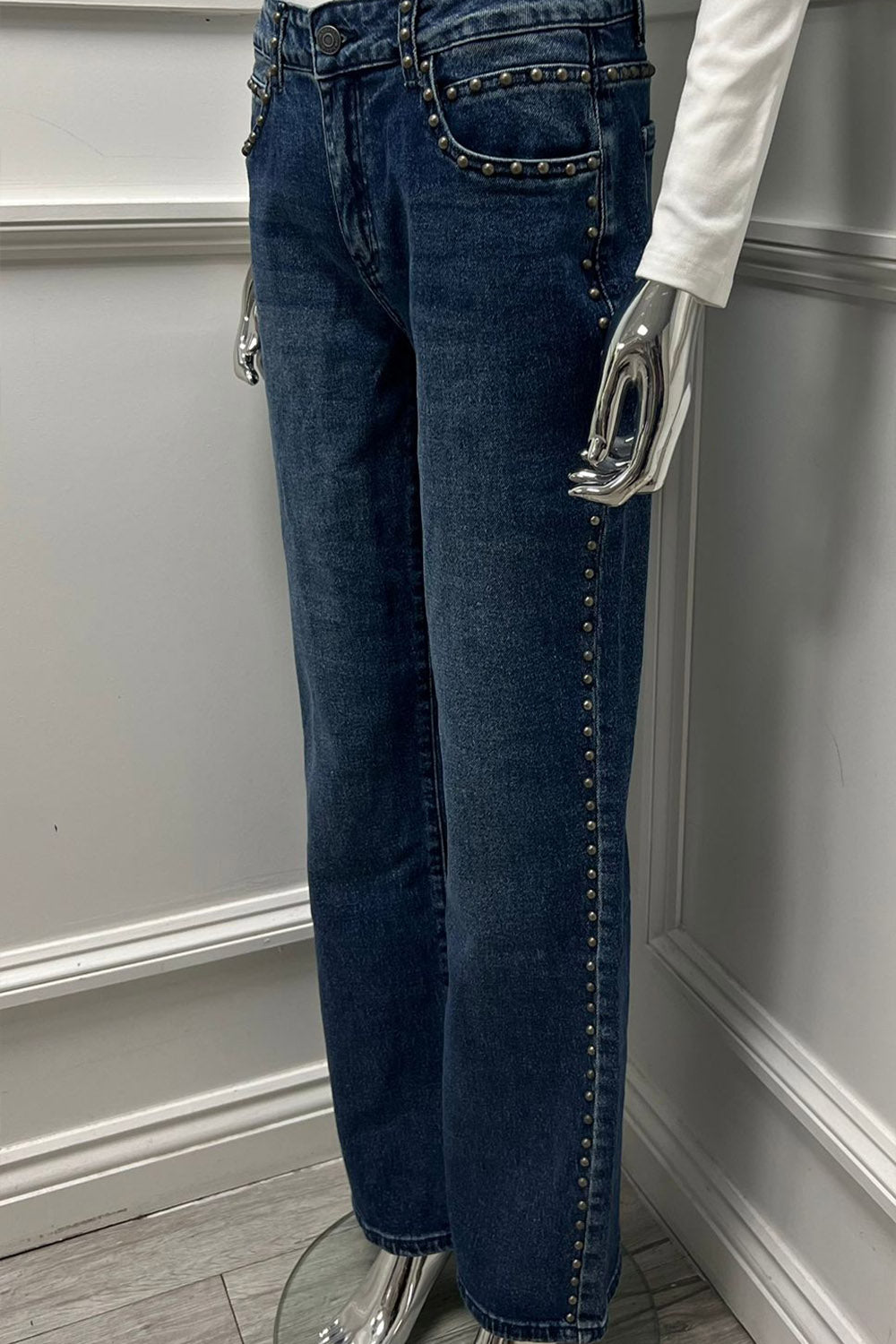 Studded straight-leg denim