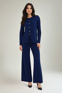 Round Neck, Silver Button Through, Elasticated Waist, Wide Leg Two Piece Knitted Set.
