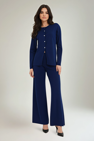 Round Neck, Silver Button Through, Elasticated Waist, Wide Leg Two Piece Knitted Set.