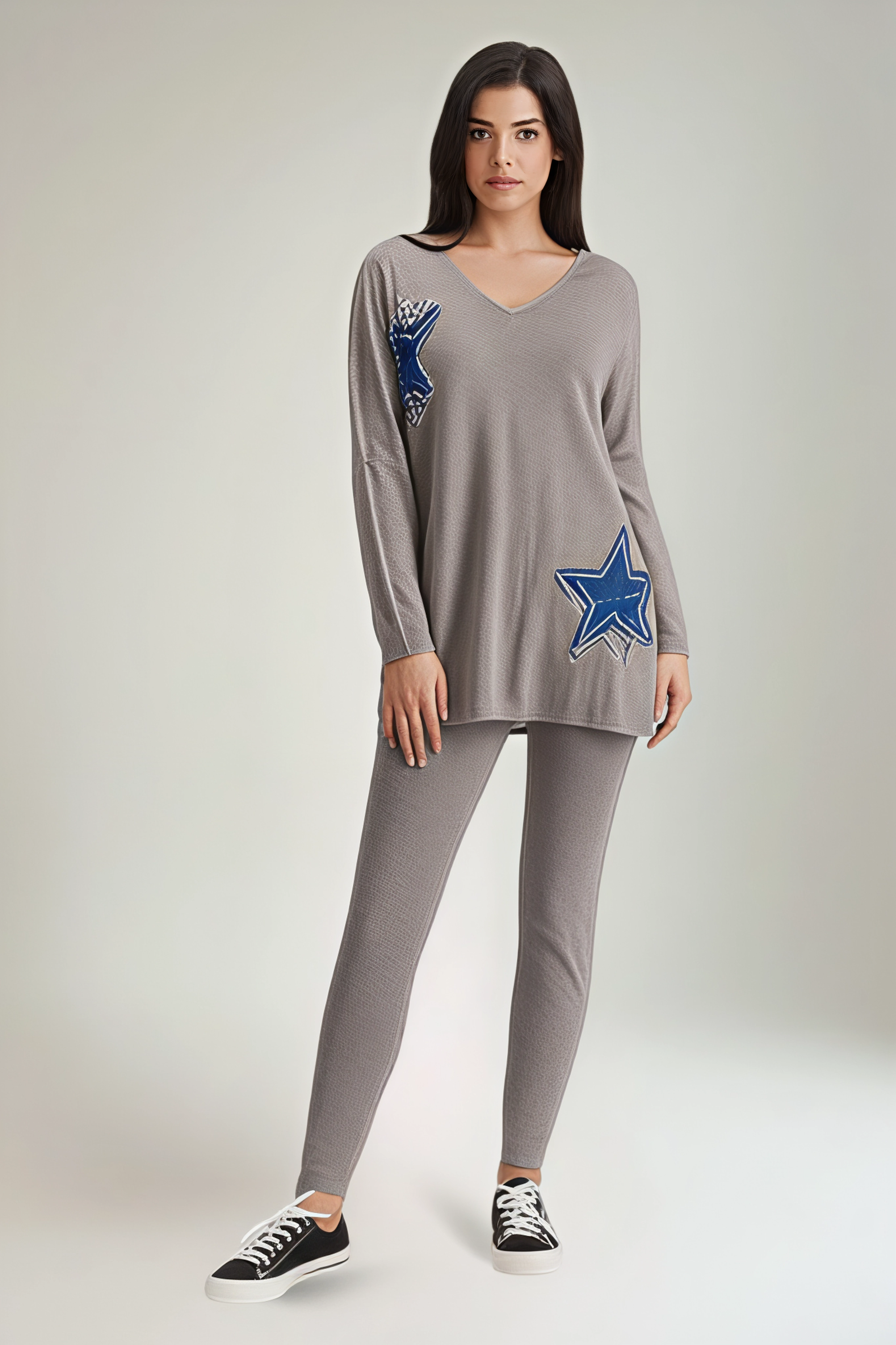 V neck star denim patch detailed , soft knit two piece set