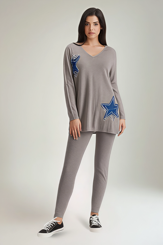 V neck star denim patch detailed , soft knit two piece set