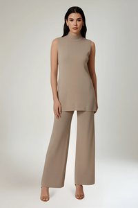 High Neck, Side Split, Elasticated Waist, Wide Leg Two Piece Set