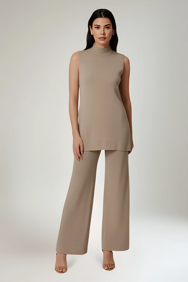 High Neck, Side Split, Elasticated Waist, Wide Leg Two Piece Set