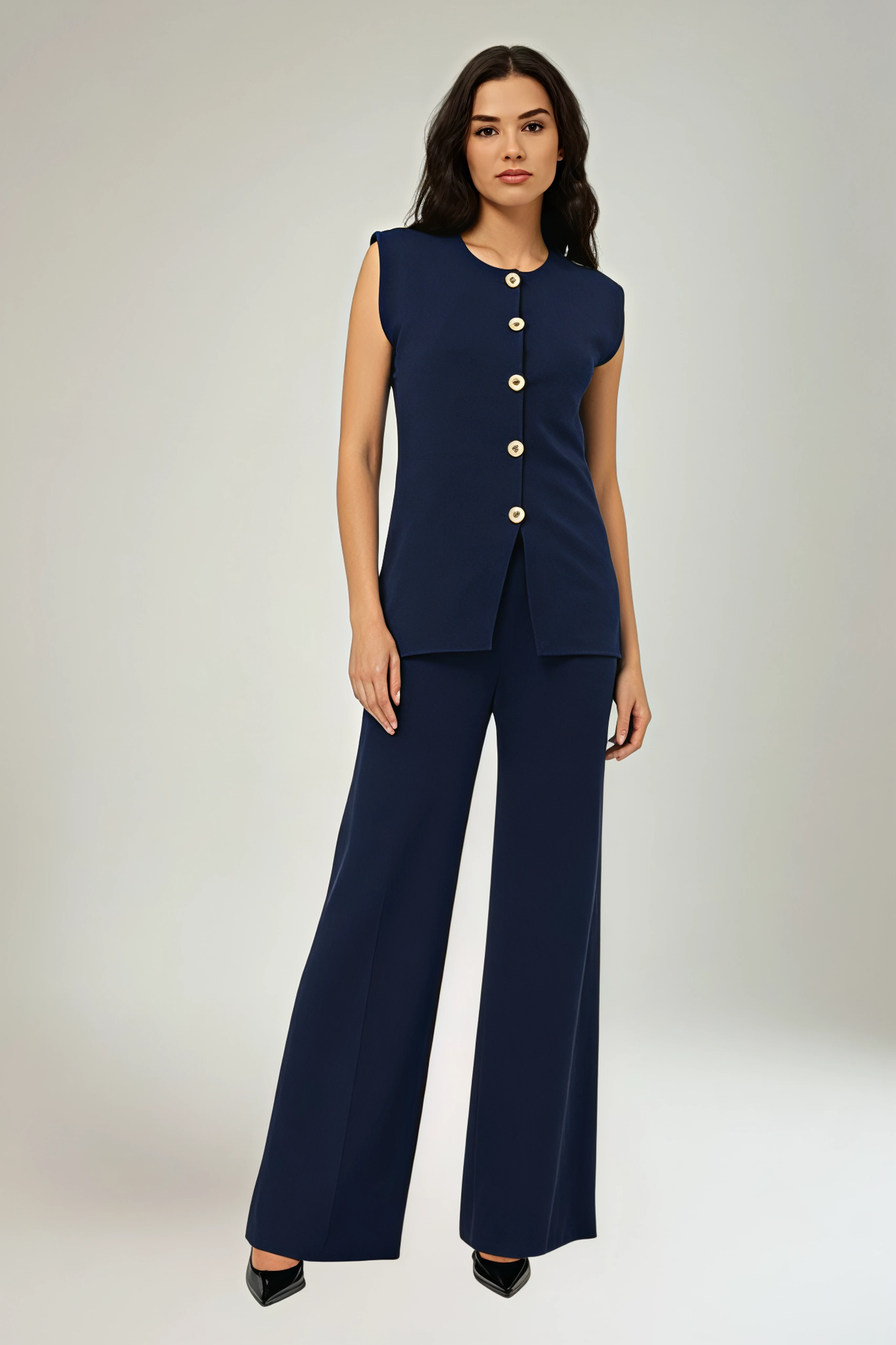 Golden Button Detailed, Elasticated Waist, Wide Leg Two Piece Set