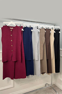 Golden Button Detailed, Elasticated Waist, Wide Leg Two Piece Set