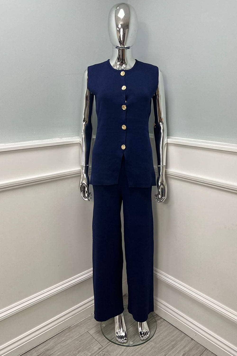 Golden Button Detailed, Elasticated Waist, Wide Leg Two Piece Set