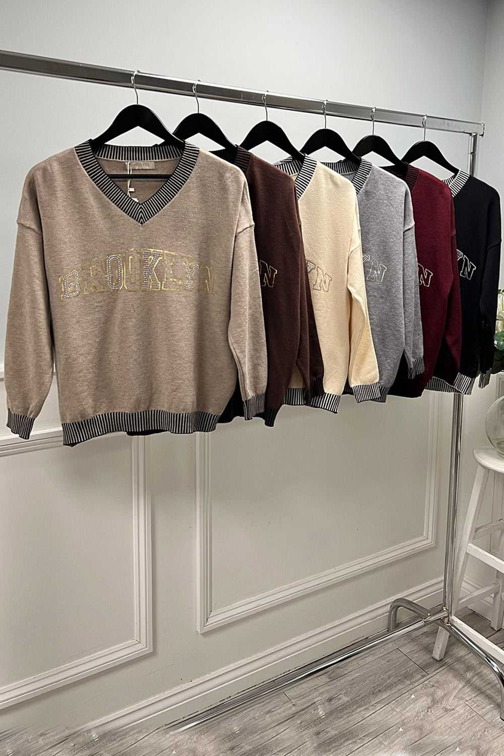 “BROOKLYN” V-Neck Embellished Jumper