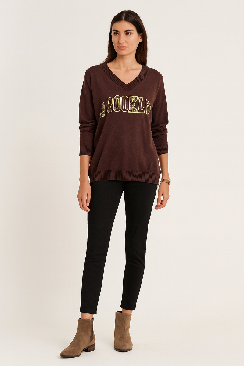 “BROOKLYN” V-Neck Embellished Jumper