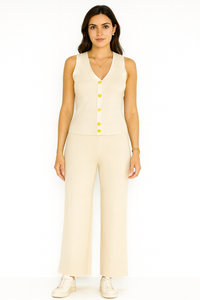 V-Neck, Button Through, Elasticated Waist, Viscose Knitted, Ribbed Wide Leg Two Piece Waistcoat Se