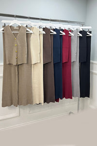 V-Neck, Button Through, Elasticated Waist, Viscose Knitted, Ribbed Wide Leg Two Piece Waistcoat Se