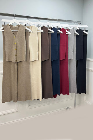V-Neck, Button Through, Elasticated Waist, Viscose Knitted, Ribbed Wide Leg Two Piece Waistcoat Se